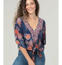 Smell the Flowers V Neck Kimono Sleeve Tie Waist Top