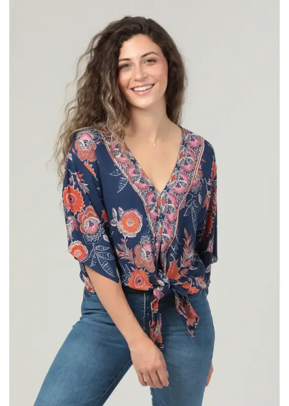 Smell the Flowers V Neck Kimono Sleeve Tie Waist Top
