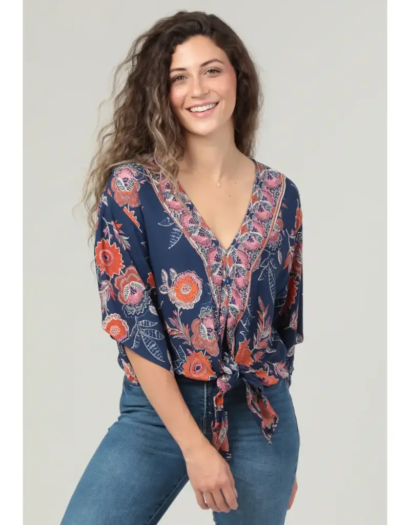 Smell the Flowers V Neck Kimono Sleeve Tie Waist Top