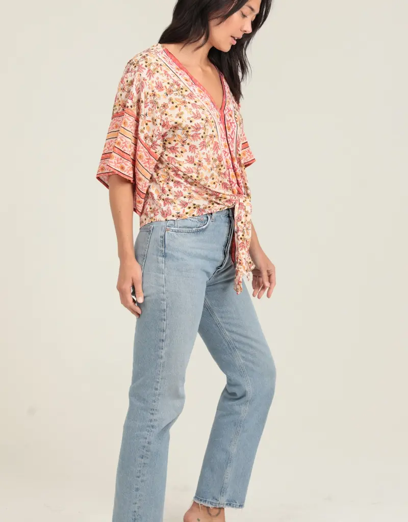 Party Time V Neck Tie Waist Kimono Sleeve Top