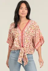 Party Time V Neck Tie Waist Kimono Sleeve Top