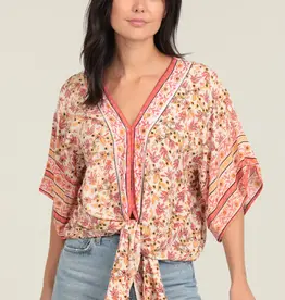 Party Time V Neck Tie Waist Kimono Sleeve Top
