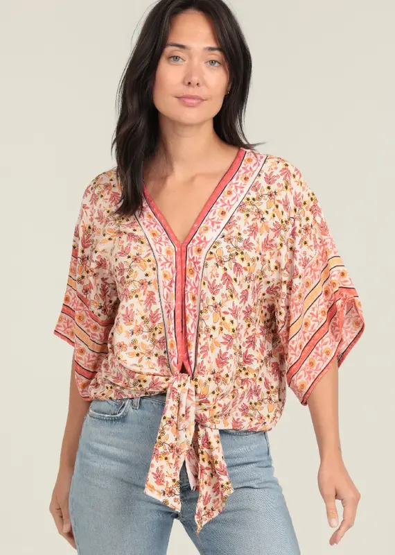 Party Time V Neck Tie Waist Kimono Sleeve Top