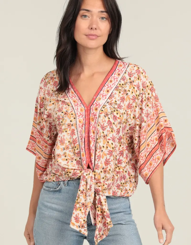 Party Time V Neck Tie Waist Kimono Sleeve Top