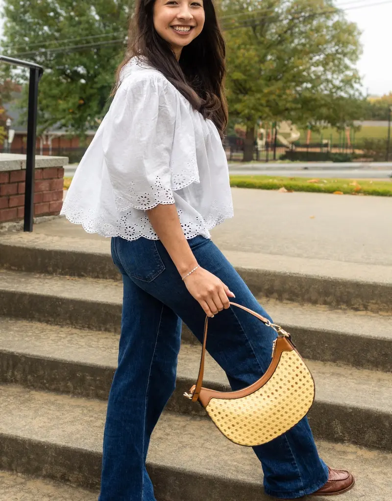 Daisy Half-Moon Rattan Crossbody w/ Contrast