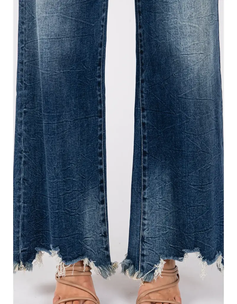 High Rise Stretch Jean w/ Wide Leg & Destroyed Hem
