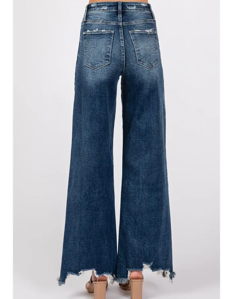 High Rise Stretch Jean w/ Wide Leg & Destroyed Hem