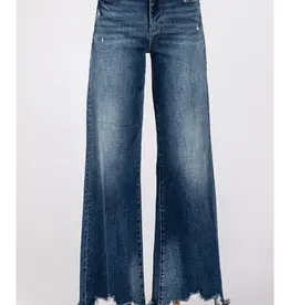 High Rise Stretch Jean w/ Wide Leg & Destroyed Hem