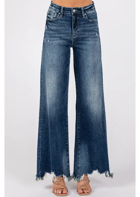 High Rise Stretch Jean w/ Wide Leg & Destroyed Hem