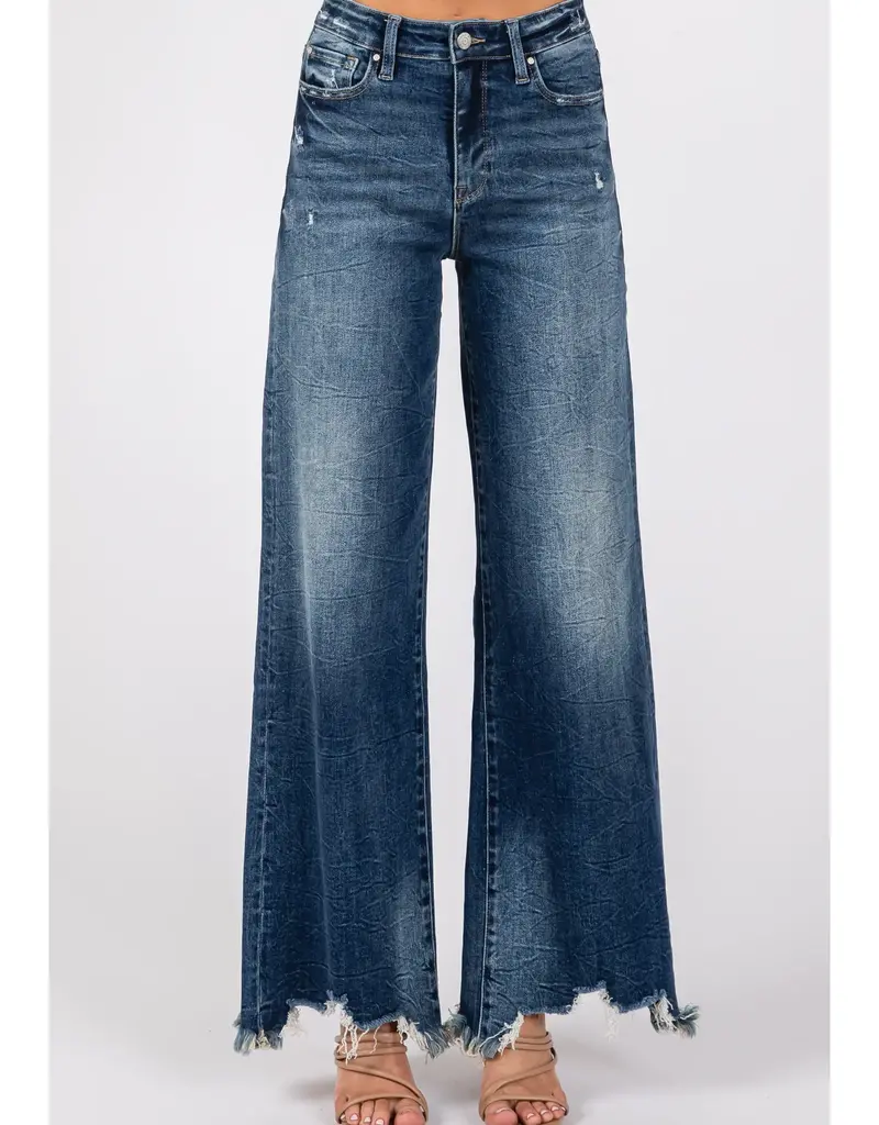 High Rise Stretch Jean w/ Wide Leg & Destroyed Hem