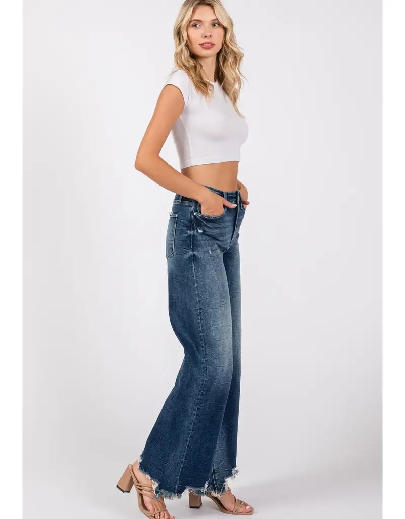 High Rise Stretch Jean w/ Wide Leg & Destroyed Hem