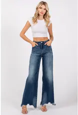 High Rise Stretch Jean w/ Wide Leg & Destroyed Hem
