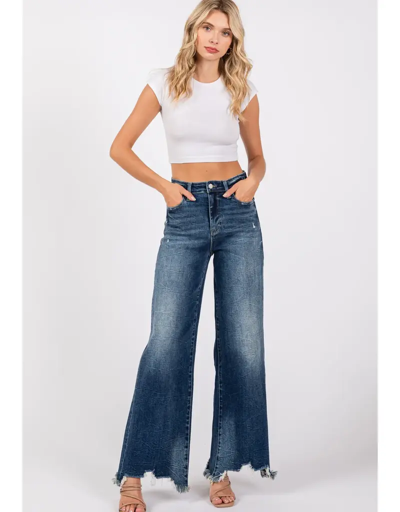 High Rise Stretch Jean w/ Wide Leg & Destroyed Hem