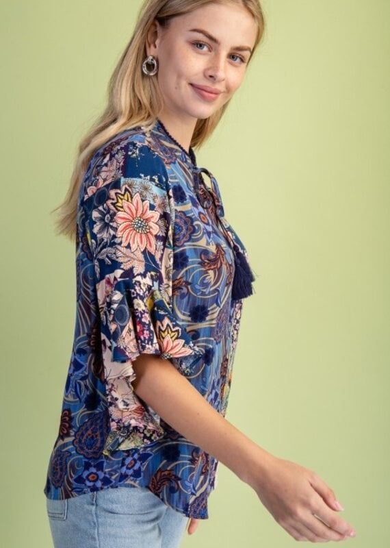 Rachel Mixed Print Ruffled Bell Sleeve Top