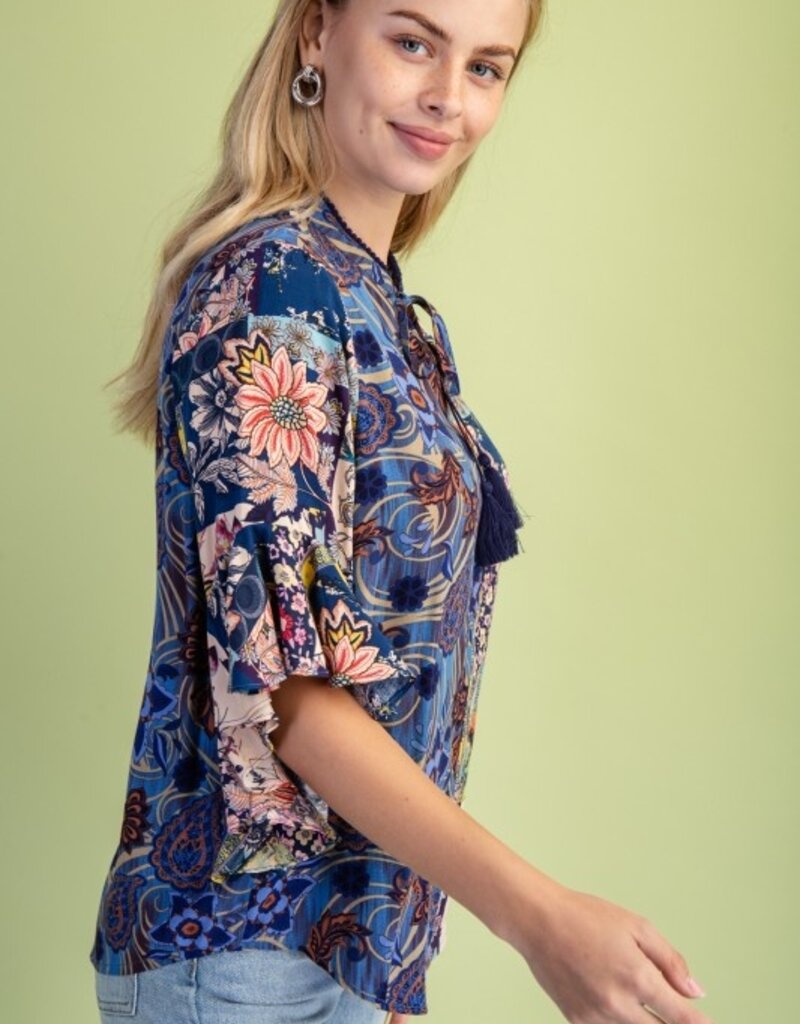 Rachel Mixed Print Ruffled Bell Sleeve Top