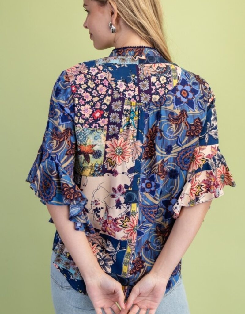 Rachel Mixed Print Ruffled Bell Sleeve Top