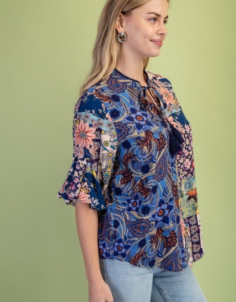 Rachel Mixed Print Ruffled Bell Sleeve Top