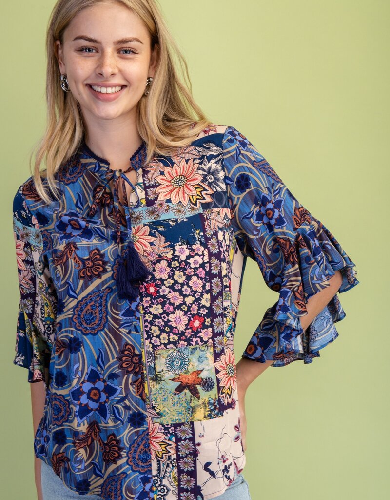 Rachel Mixed Print Ruffled Bell Sleeve Top