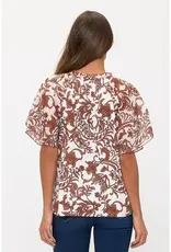 Angel Peasant Floral Mix Media Tie Ruffle Neck TOP