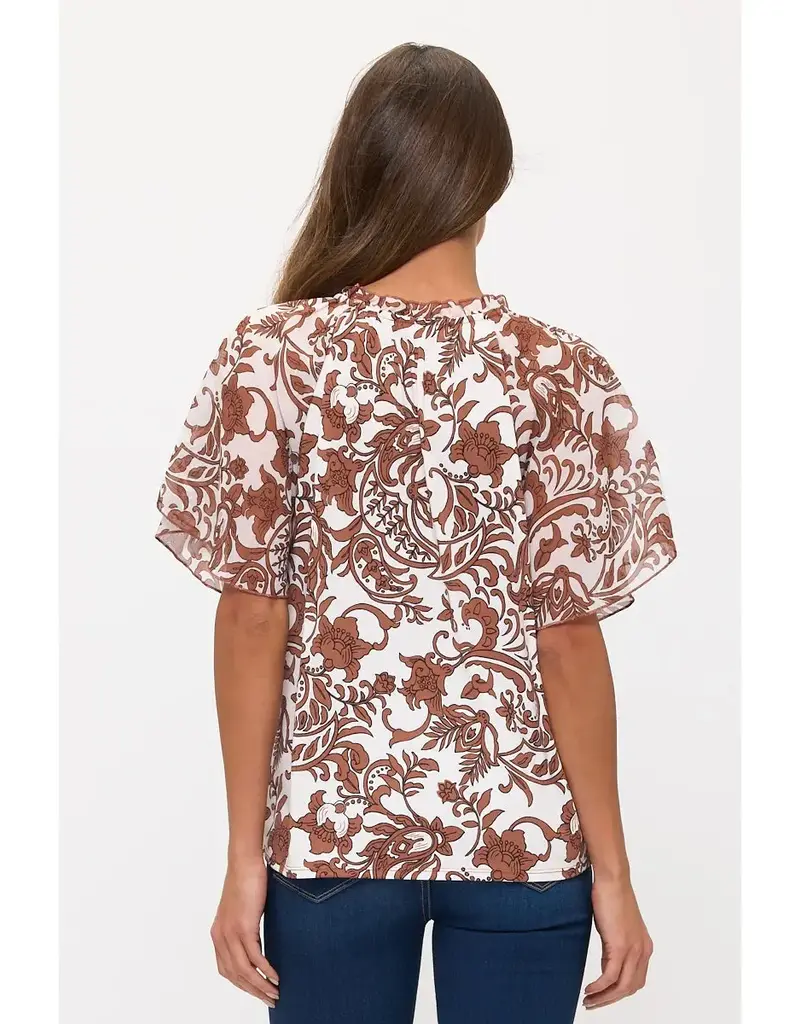 Angel Peasant Floral Mix Media Tie Ruffle Neck TOP