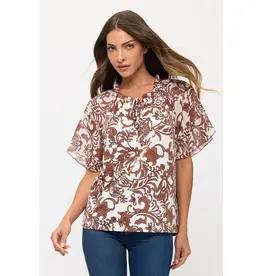 Angel Peasant Floral Mix Media Tie Ruffle Neck TOP