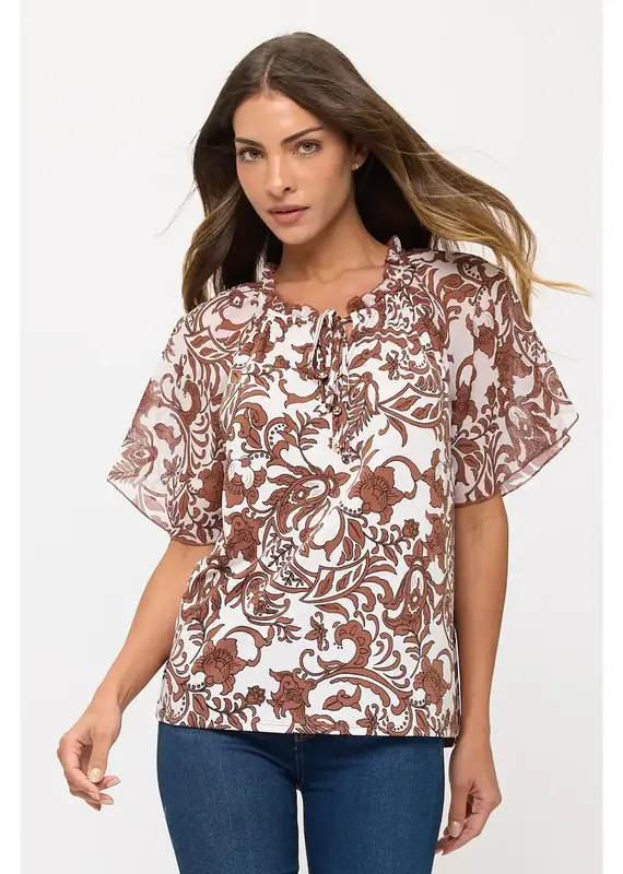 Angel Peasant Floral Mix Media Tie Ruffle Neck TOP