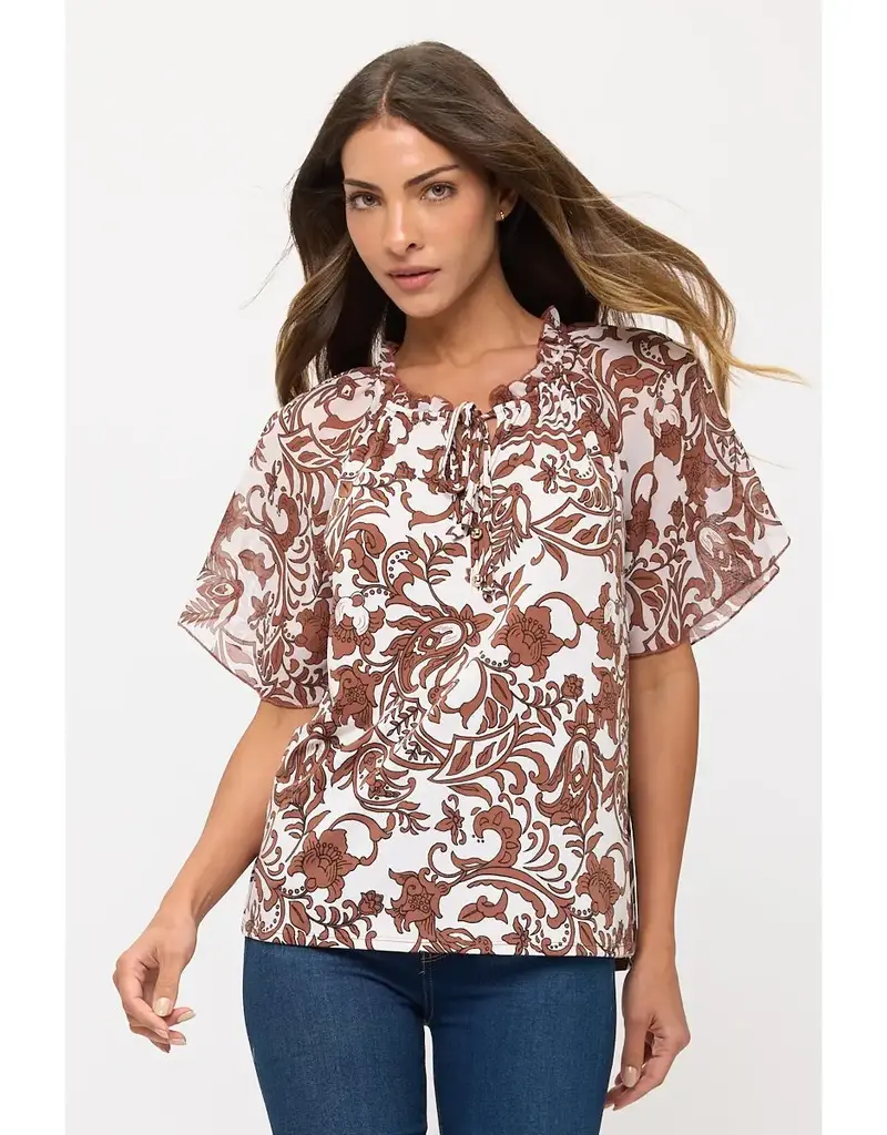 Angel Peasant Floral Mix Media Tie Ruffle Neck TOP