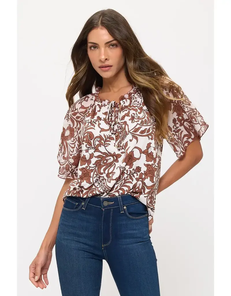 Angel Peasant Floral Mix Media Tie Ruffle Neck TOP