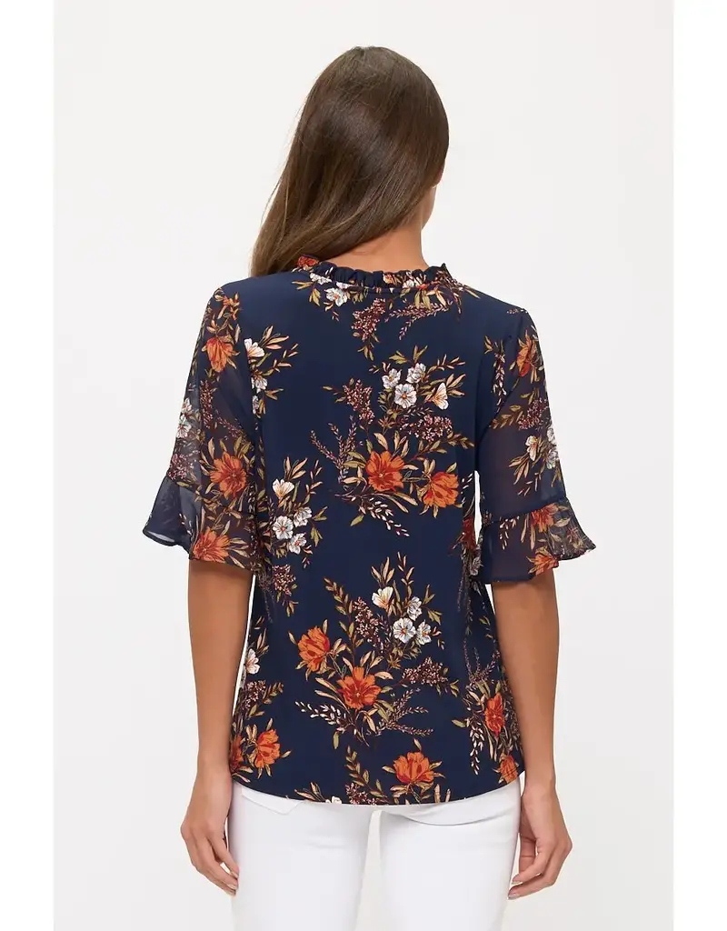 Floral Mix Vneck Ruffle Detail Top
