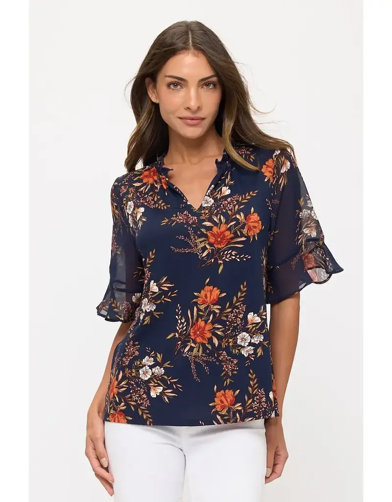 Floral Mix Vneck Ruffle Detail Top