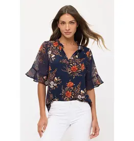 Floral Mix Vneck Ruffle Detail Top