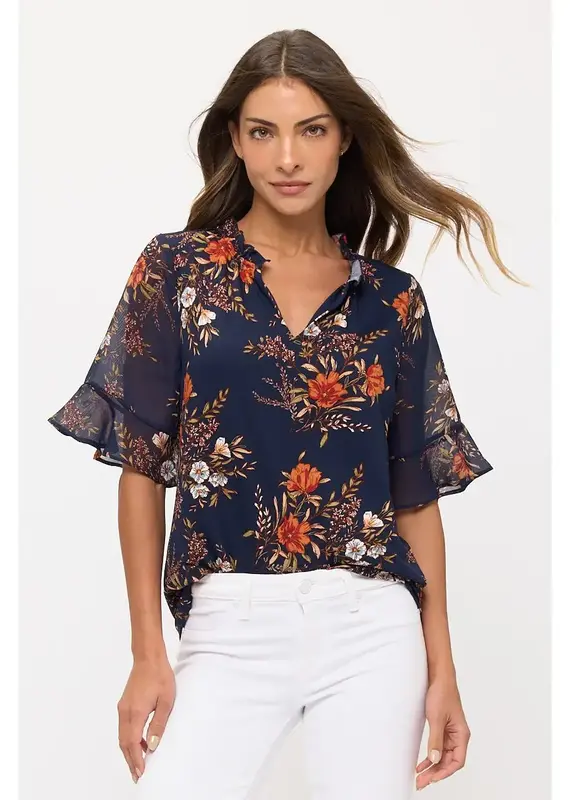 Floral Mix Vneck Ruffle Detail Top