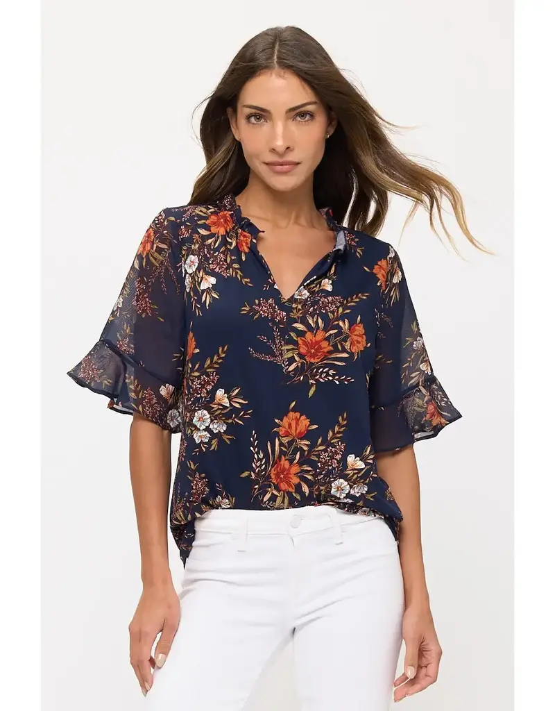 Floral Mix Vneck Ruffle Detail Top