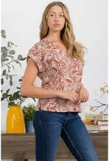 Sandy Slub Floral Vneck Roll Tab Sleeve Detail Top