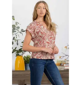 Sandy Slub Floral Vneck Roll Tab Sleeve Detail Top