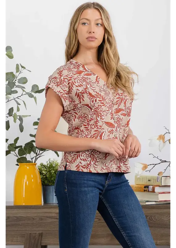 Sandy Slub Floral Vneck Roll Tab Sleeve Detail Top