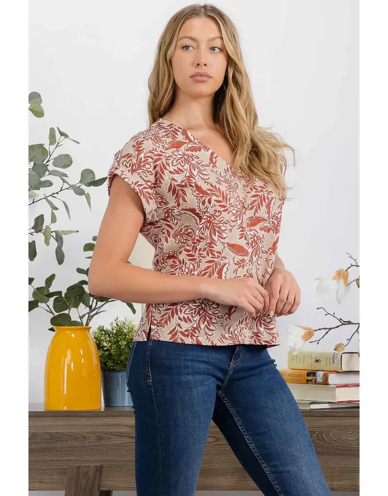 Sandy Slub Floral Vneck Roll Tab Sleeve Detail Top