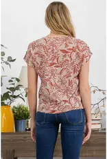Sandy Slub Floral Vneck Roll Tab Sleeve Detail Top