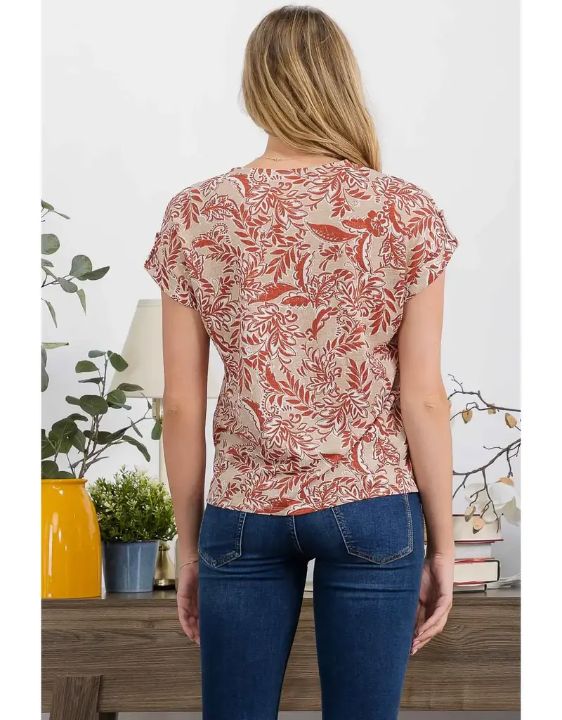 Sandy Slub Floral Vneck Roll Tab Sleeve Detail Top