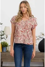 Sandy Slub Floral Vneck Roll Tab Sleeve Detail Top