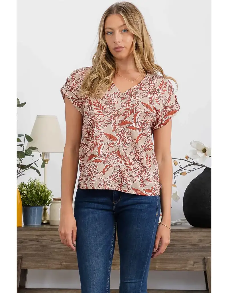 Sandy Slub Floral Vneck Roll Tab Sleeve Detail Top