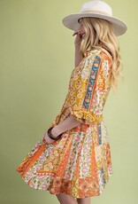 Flared Skirt Dress W/ 3/4 Length Gathered Balloon Sleeves
