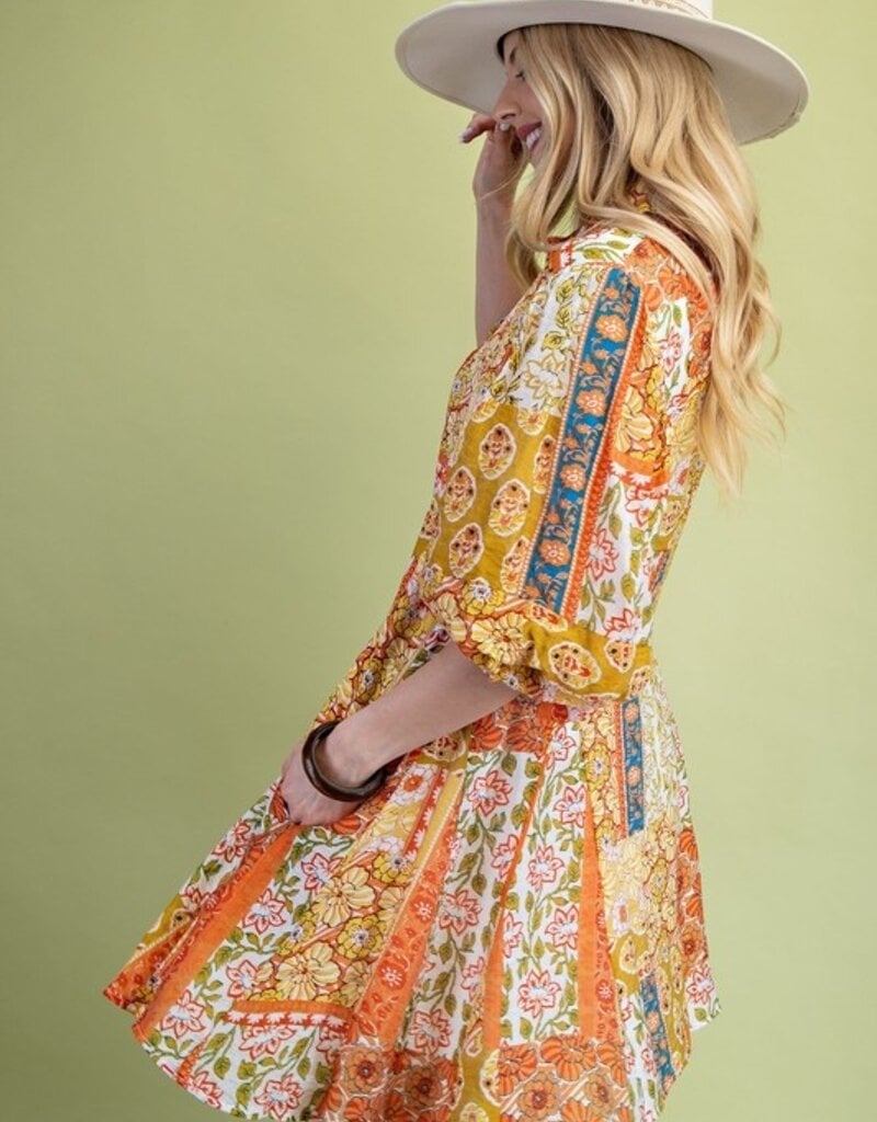 Flared Skirt Dress W/ 3/4 Length Gathered Balloon Sleeves
