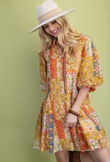 Flared Skirt Dress W/ 3/4 Length Gathered Balloon Sleeves