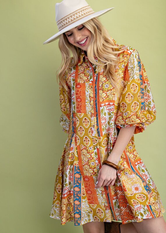 Flared Skirt Dress W/ 3/4 Length Gathered Balloon Sleeves