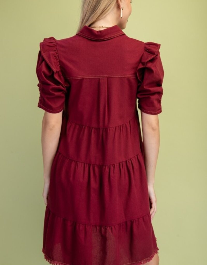 Shirt Dress W/Ruffle Sleeve and Frayed Hem Details