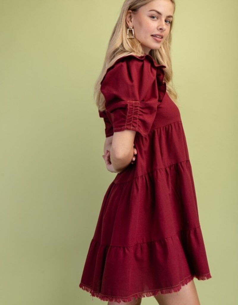 Shirt Dress W/Ruffle Sleeve and Frayed Hem Details