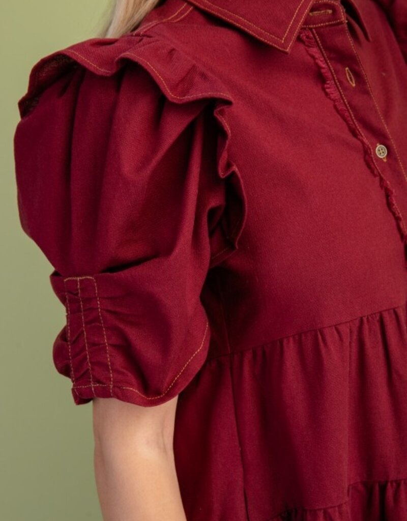 Shirt Dress W/Ruffle Sleeve and Frayed Hem Details