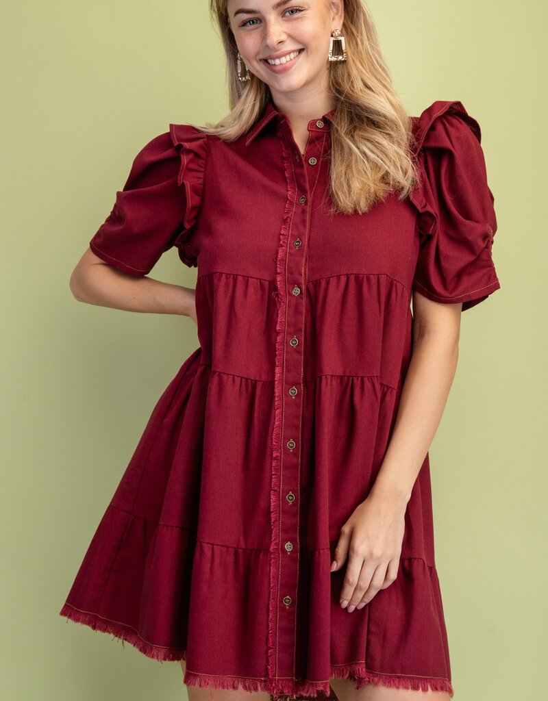 Shirt Dress W/Ruffle Sleeve and Frayed Hem Details