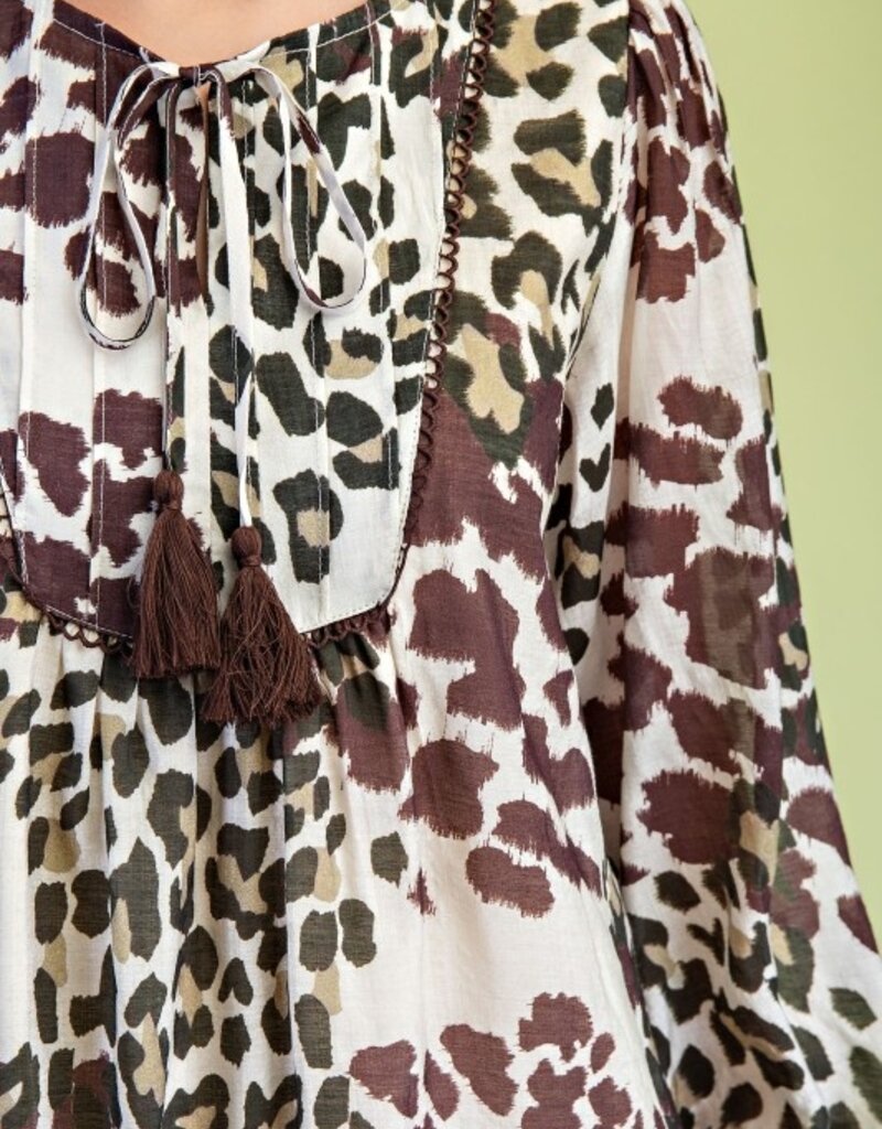Leopard Print  Dress w/Pintuck Details & Decorative Trim